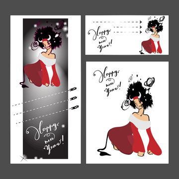 New Year.A set of postcards. The girl is squatting in a New Year's red and white suit. Black hair, space and planets. With horns. The inscription Happy New Year.
