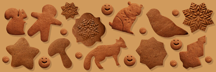 Gingerbread cookies on a beige background. Banner with gingerbread.
