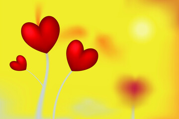 Heart flowers on yellow background. Design greeting card on Valentine's Day. St.Valentine's Day Wallpaper. Vector illustration of red hearts
