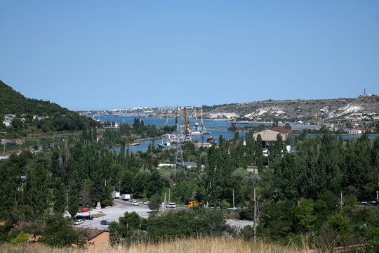 Panorama of Inkerman Bay with cranes, Crimea