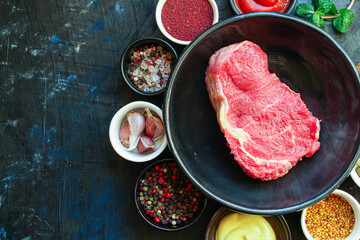 beef steak fresh raw piece of meat ready to eat on the table for healthy meal snack outdoor top view copy space for text food background rustic image keto or paleo diet