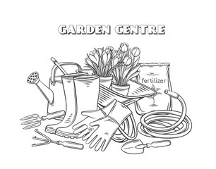 Gardening tools vector outline banner © setory