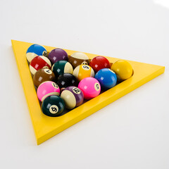 Group of colorful glossy pool or snooker game balls with numbers, inside a yellow triangle ready to play.