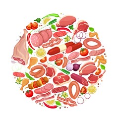 Gastronomic meat products round banner