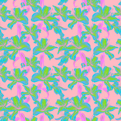 Obraz premium seamless pattern with abstract flowers lilies on pink background, hand painted watercolor