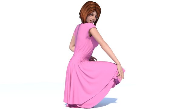 One young beautiful girl with short hair posing in a pink dress. Posing while sitting with his back to the camera