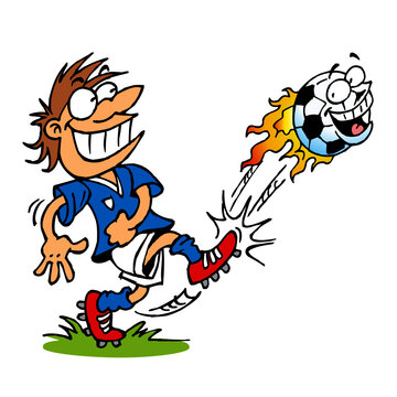 Soccer player kicking ball with face flying with flames around, sport joke, color cartoon