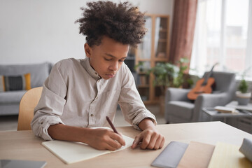 Portrait of teenage African-American boy doing homework and writing in notebook while sitting at...
