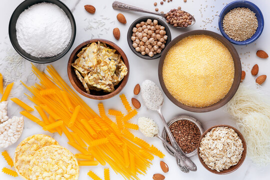 Gluten free food concept showing the variety of products - pasta, snack, flour, cereal, legumes and nuts