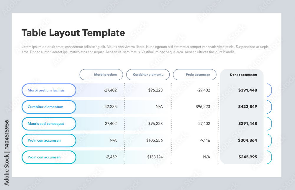 Poster Modern business table layout template with the total sum column and place for your content. Flat design, easy to use for your website or presentation.