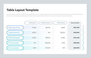 Fototapeta na wymiar Modern business table layout template with the total sum column and place for your content. Flat design, easy to use for your website or presentation.