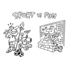 Soccer player shoots a ball from a cannon at a goalkeeper who builds a brick wall in front of his goal, sport is fun, black and white cartoon