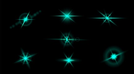 Set of flashes, star burst and sparkles on transparent background. golden glowing effect with light rays. Vector illustration.