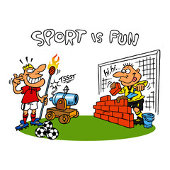 Soccer player shoots a ball from a cannon at a goalkeeper who builds a brick wall in front of his goal, sport is fun, color cartoon