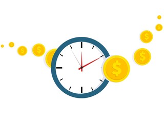 Time and money. Clock with dial and coins. Economy and attitude to money. Concept of keeping finance. Date of payment of taxes or credit in foreign currency. Deadline for debt repayment. Vector illust