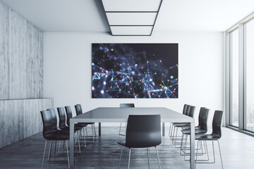 Creative abstract wireless technology hologram on tv display in a modern presentation room, artificial intelligence and machine learning concept. 3D Rendering