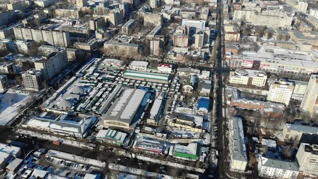 Aerial view of the central market in winter (Kirov, Russia)
