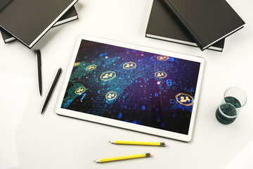 Top view of modern digital tablet screen with social network icons concept and world map. Networking concept. 3D Rendering