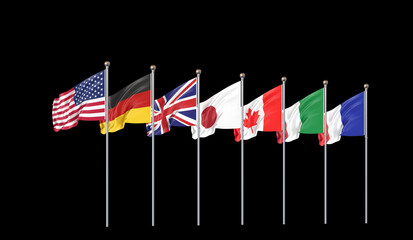 3D illustration. Online summit. G7 flags Silk waving flags of countries of Group of Seven : Canada, Germany, Italy, France, Japan, USA states, United Kingdom 2020. Big Seven. Isolated on black.
