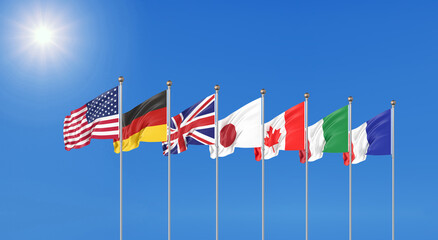 3D illustration. G7 flags Silk waving flags of countries of Group of Seven : Canada, USA states, Germany, Italy, France, Japan, UK 2020. Online summit. Big Seven.