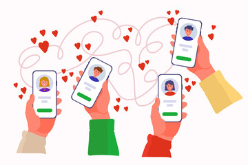A set of hands with online dating apps. Hands holding a smartphone with male and female profiles in a circle of hearts. The concept of social networks, virtual communication of relationships. 