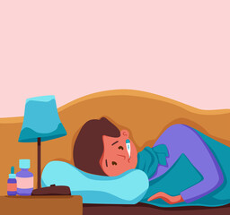 Sick child with fever with thermometer in mouth vector illustration