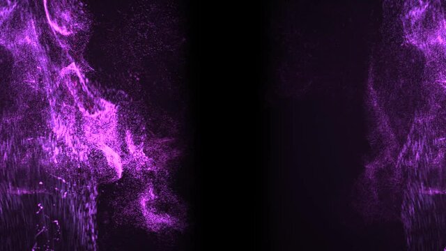 Purple splashes moving chaotically on both sides of the black background