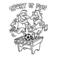 Table football with live soccer players, sport is fun, black and white cartoon