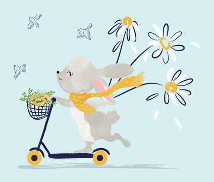 Cute rabbit carrying flowers with scooter, children artworks, wallpapers and poster prints.