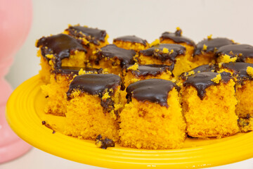 Carrot cake with sliced chocolate on the plate.