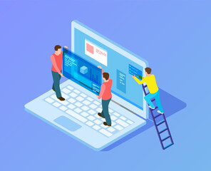 Web interface upgrade. Web developers, programmers at work. Isometric people working with laptop, content replacement vector illustration. Programmer development network interface