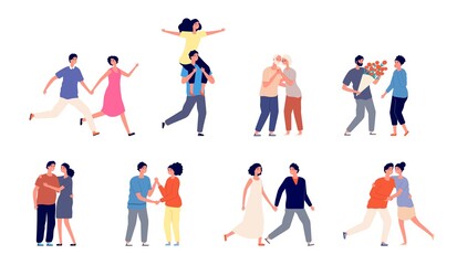 Romantic couple characters. Happy couples, romance adult hugging in love. Smiling people walking, isolated woman man partners vector set. Hugging adorable people illustration, romance, young and happy