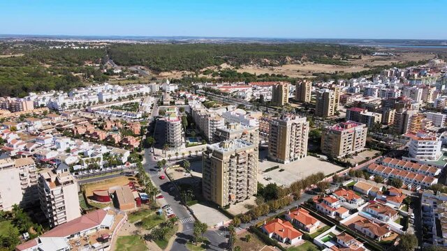 Aerial view of Islantilla, a seaside town full of resorts, Lepe, Huelva, Spain