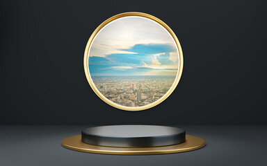 Empty black and gold cylinder podium on gray arch and sunset sky with city background. Abstract...