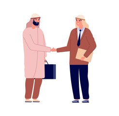 Arab businessman handshake. Business agreement, happy office workers greetings. Muslim male vector characters. Illustration business handshake, meeting and agreement