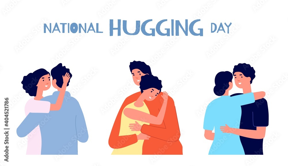 Poster hugging day. people friendship, young man girl together. national hug day poster, support love solid