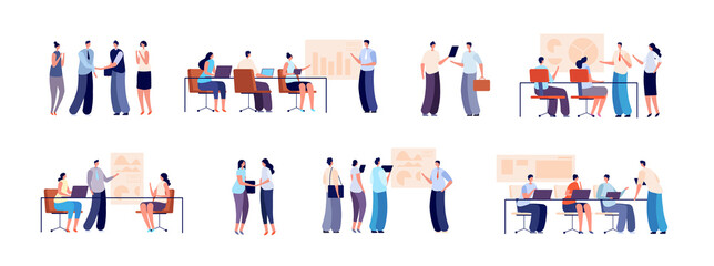 Fototapeta na wymiar Office people learning. Company coach, training for managers or employers. Flat modern business persons, education vector set. Business learning and discussion, occupation team office illustration