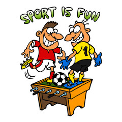 Table football with live soccer players, sport is fun, color cartoon