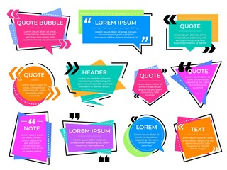 Quote text frames. Information bubbles, note message or texting block. Colorful info banner, quotation square recent vector set. Quote idea label, discussion communication textbox illustration