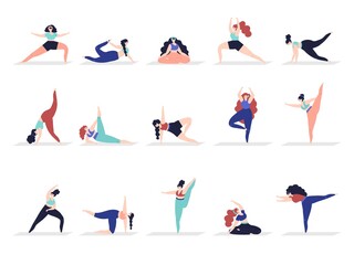Yoga characters. People exercise, adult woman demonstration stretching poses. Female asana meditating, active decent girl workout vector set. Illustration exercise yoga, training people fitness