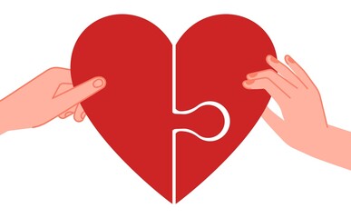 Connected hearts. Find love, hands holding half of red heart puzzle. People feelings metaphor, passion friendship or human relationship vector. Heart connection to relationship, dating illustration