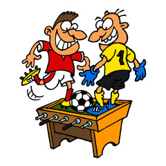 Table football with live soccer players, sport joke, color cartoon
