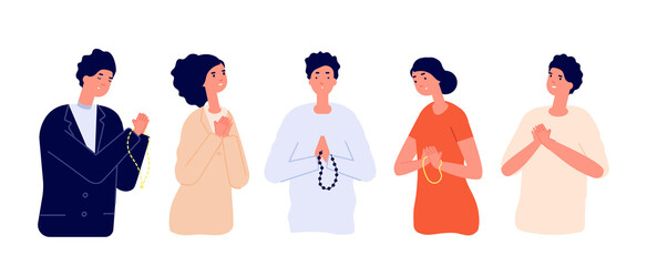 People pray. Say please, apologize man woman. Cartoon praying young persons with hopeful sad expressions folded hands utter vector concept. People hope and sorry, prayer pray illustration