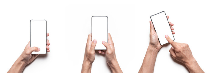 Male holding smart phone. Various photos collection.
