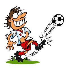 Soccer player kicks the ball and shoots a goal, sport joke, color cartoon