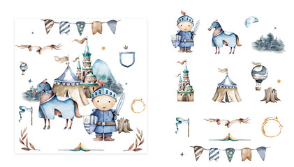Cute set with hand drawn watercolor isolated colored clip art on the theme of kingdom on white color. Set of fairy tale elements.