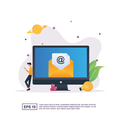 Illustration concept of e-mail with people sitting while checking email on a smartphone.