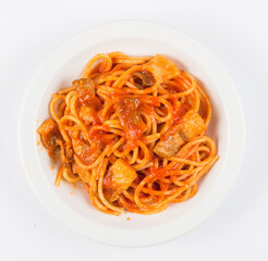 bucatini or spaghetti all'amatriciana are a typical pasta dish of the culinary tradition of Rome and the Lazio region in Italy prepared with pancetta and tomato sauce