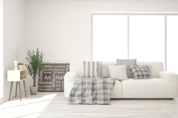 White living room with sofa. 3D illustration