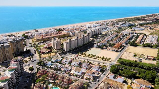 Aerial view of Islantilla, a seaside town full of resorts, Lepe, Huelva, Spain